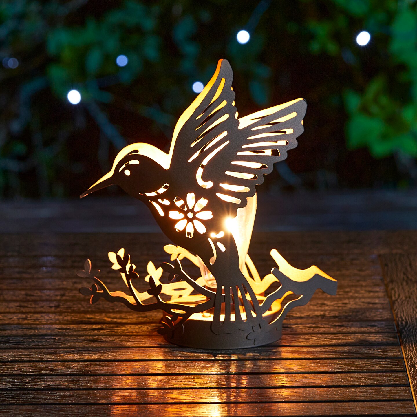 (Set of 2)9.75&#x22;H Black and Gold Metal Cutout Flying Hummingbird Silhouette Solar Powered Edison Bulb Outdoor Lantern
