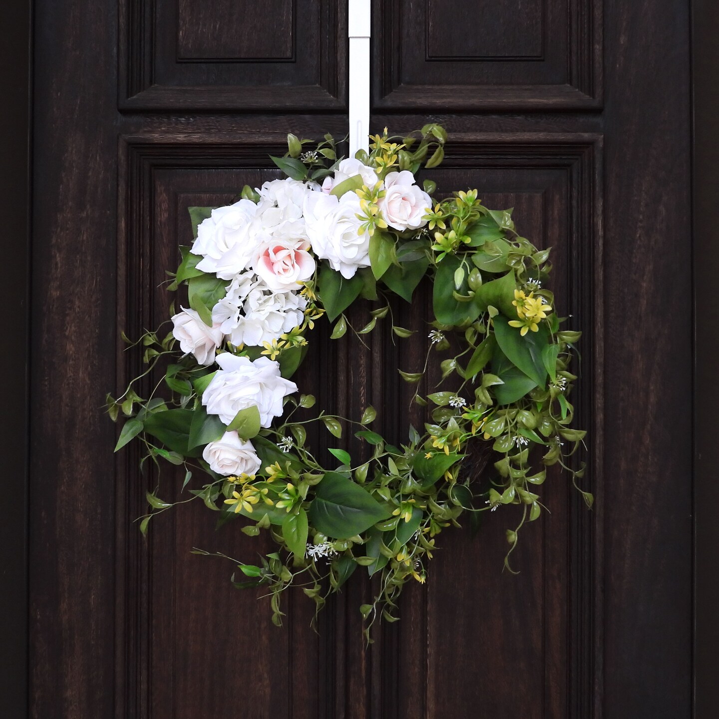 Haute Decor Pink and White Rose and Hydrangea Floral and Greenery Wreath with Natural Grapevine Base for Spring, Summer Door Decor - 24 inch Diameter
