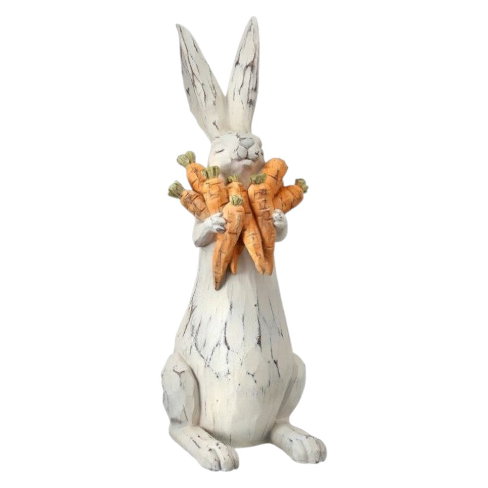17.5&#x22; Handcrafted Bunny with Carrots Figurine &#x2013; Distressed White Rabbit Spring Decor