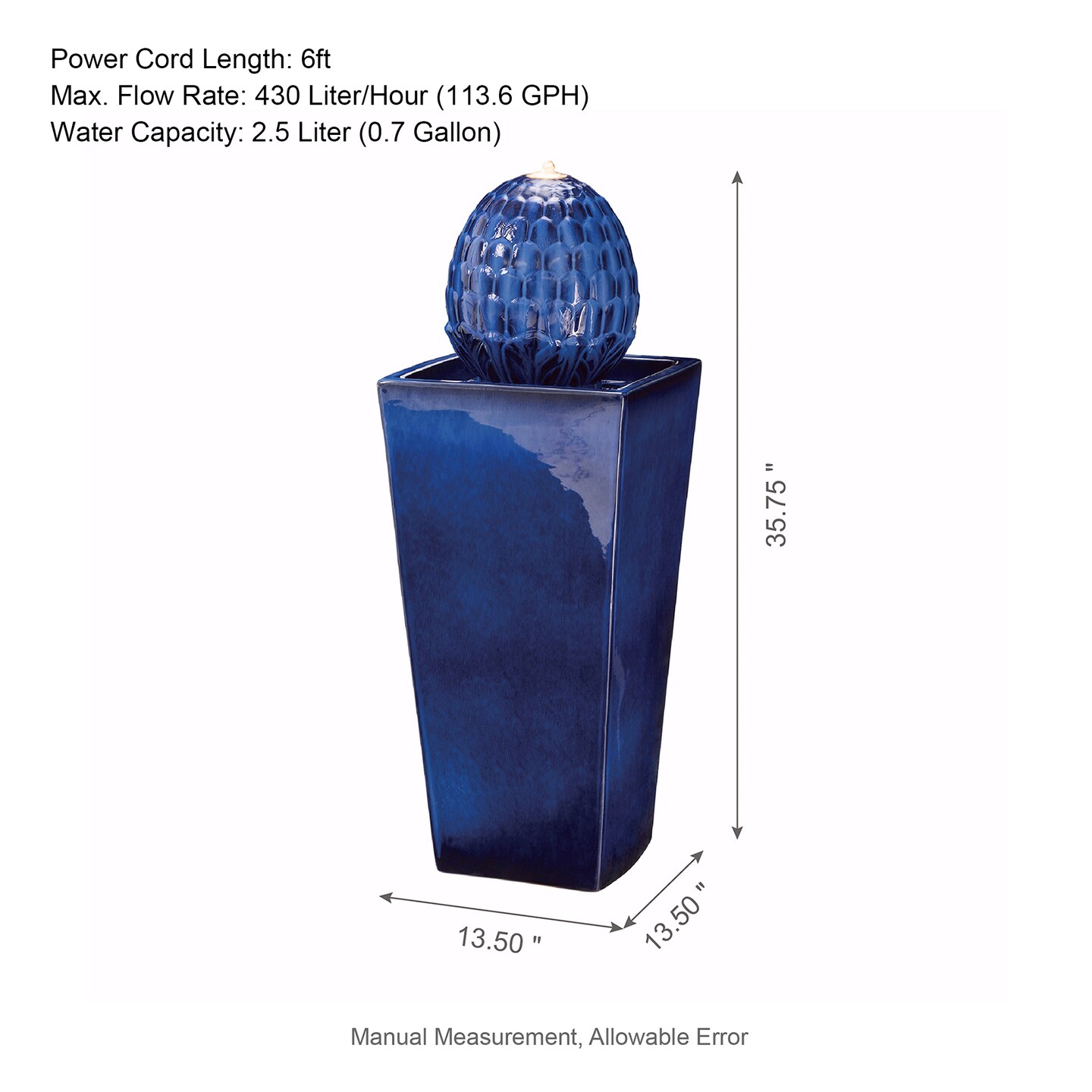 35.75&#x22;H Oversized Artichoke Pedestal Ceramic Outdoor Fountain with LED Light, Includes Pump, Multiple Colors