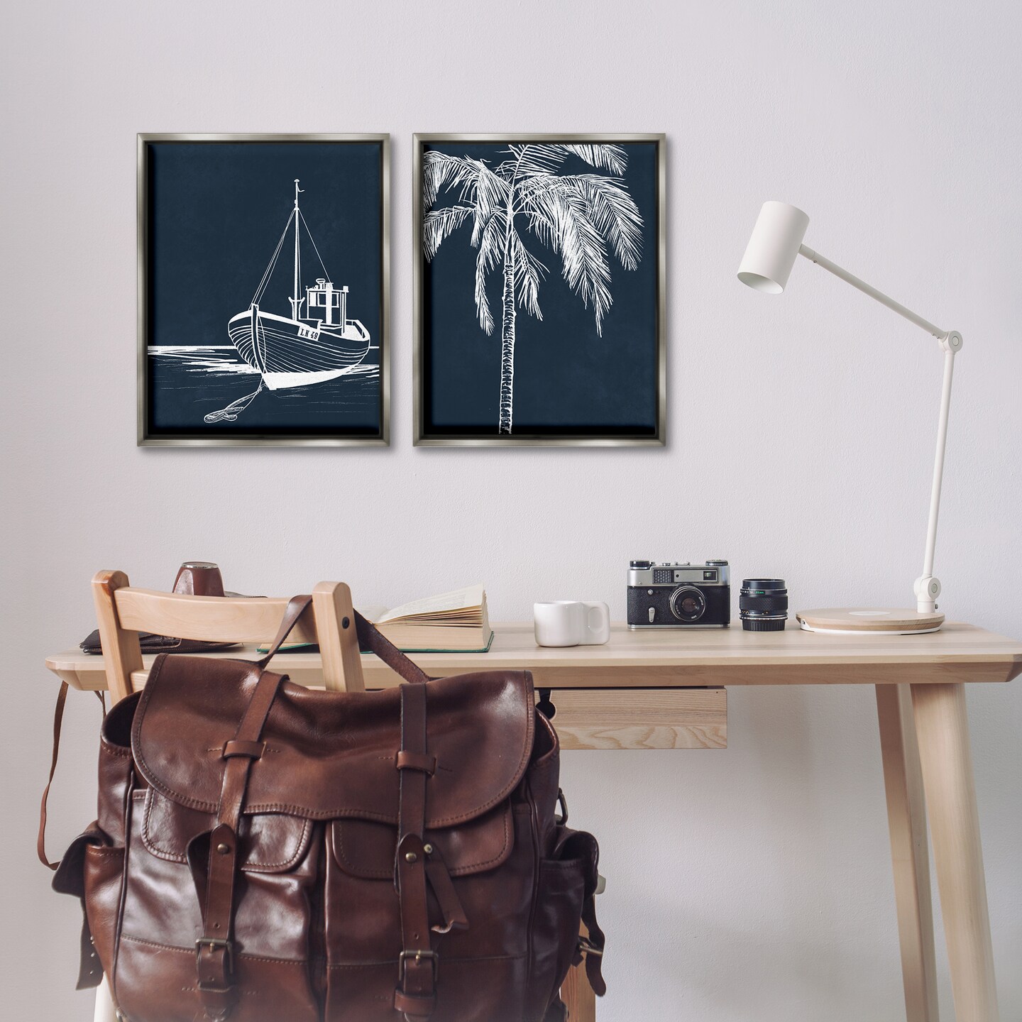 Stupell Industries Blue Boat & Palm 2 pc Framed Floater Canvas Wall Art Set Design by Leah Noel Art
