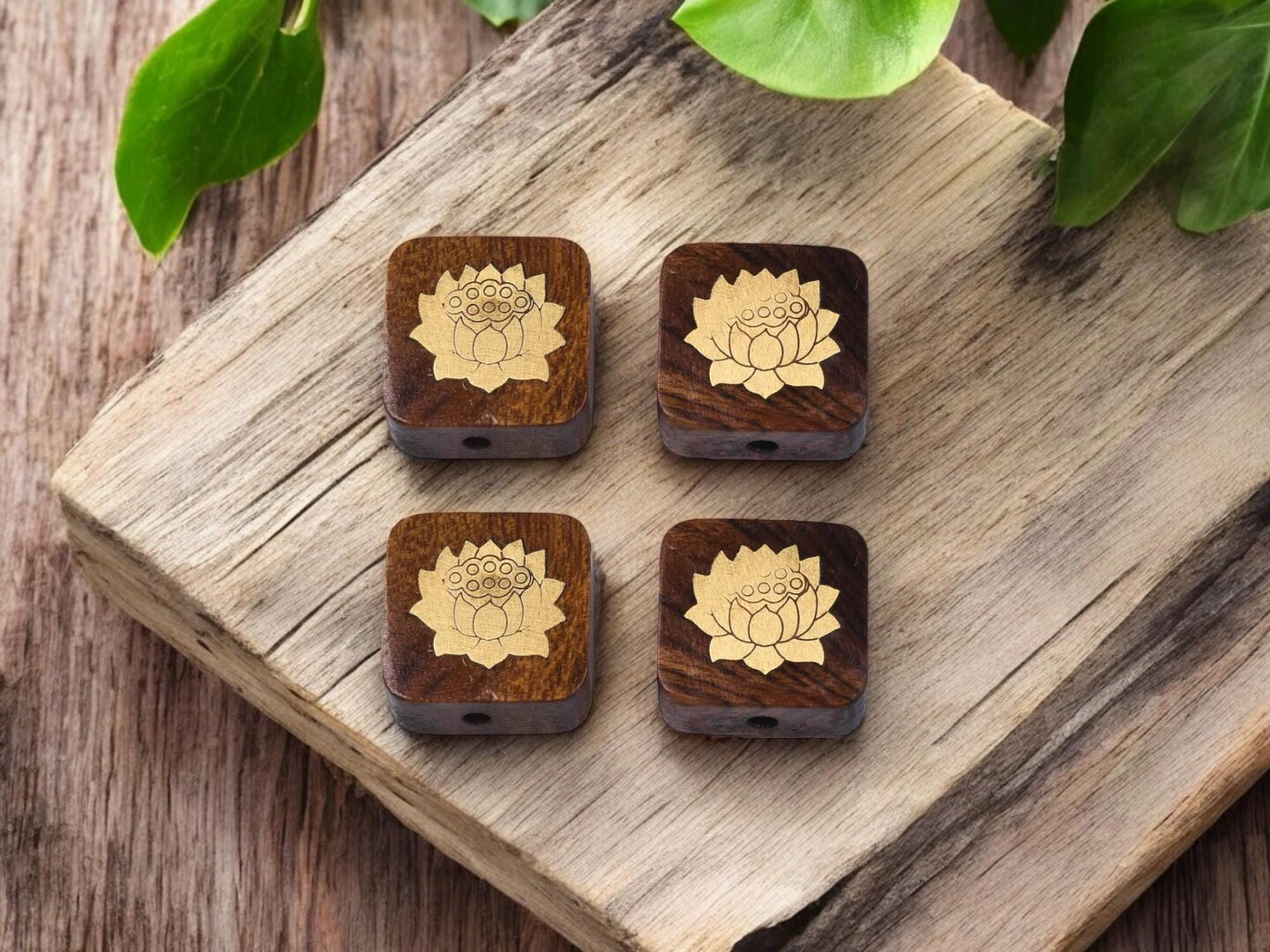*5* 15x6mm Rosewood covered Brass Lotus Flower Square Beads