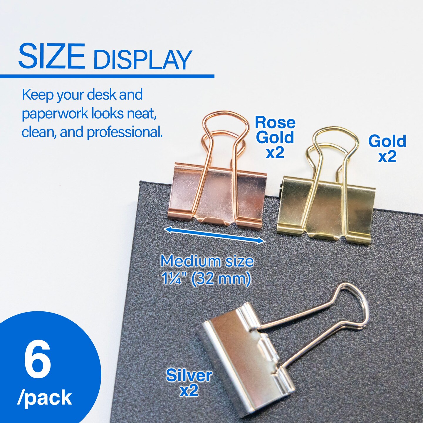 BAZIC Medium 1 1/4" (32mm) Assorted Color Metallic Binder Clip (6/Pack)