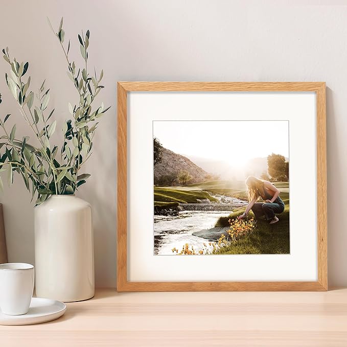 12x12 Picture Frame, Solid Oak Wood 12&#x22;x12&#x22; Photo Frame for Wall, 12 x 12 Frame Matted to 8 x 8, Square 12x12 Frame, Tempered Real Glass, 12 x 12 Collage Gallery Frames - Natural Oak Color, 1 Pack