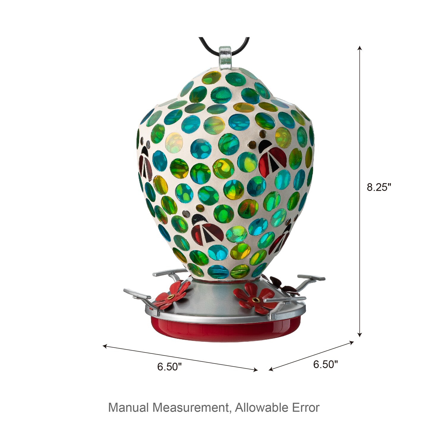 8.25&#x22;H Glass Hanging Blue/Green Dots &#x26; Ladybugs Mosaic Birdfeeder