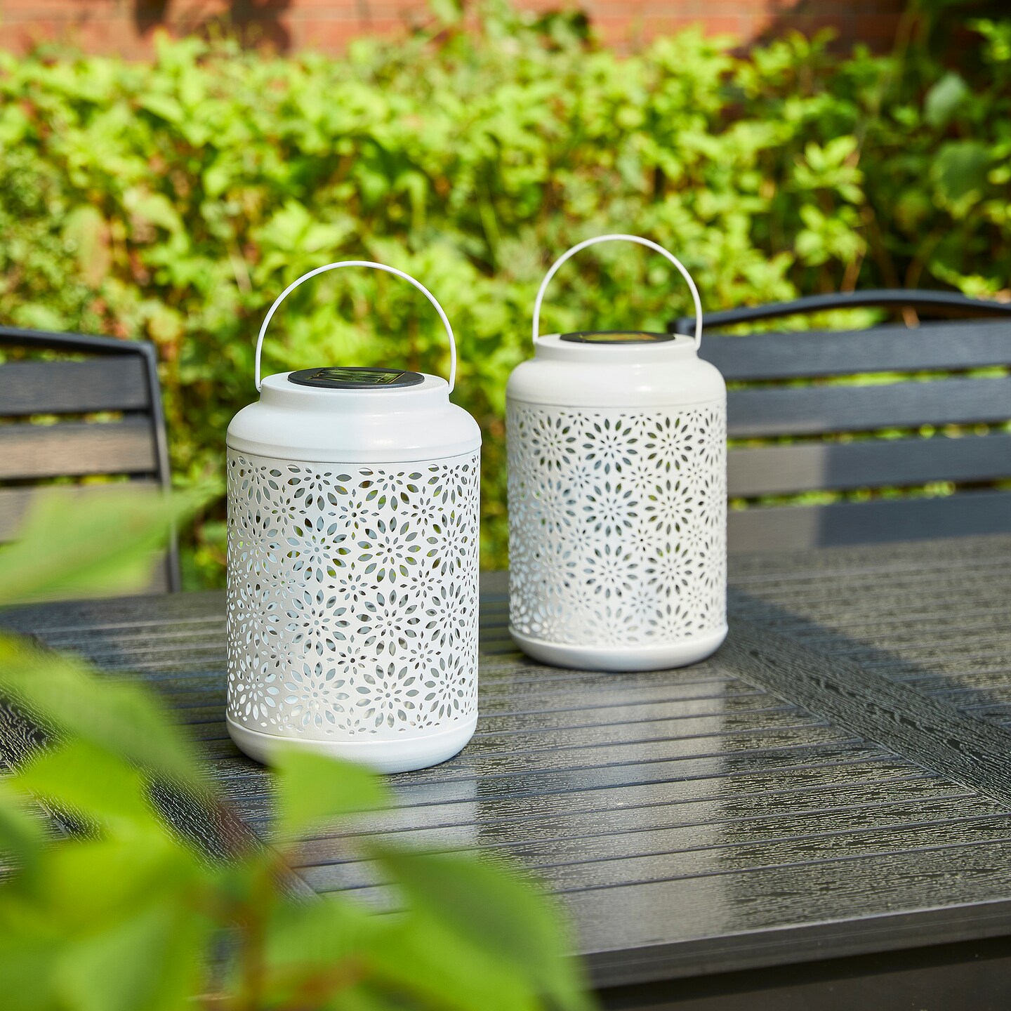 Set of 2/4 8.75"H Metal Cutout Flower Solar Powered Outdoor Hanging Lantern with LED Light