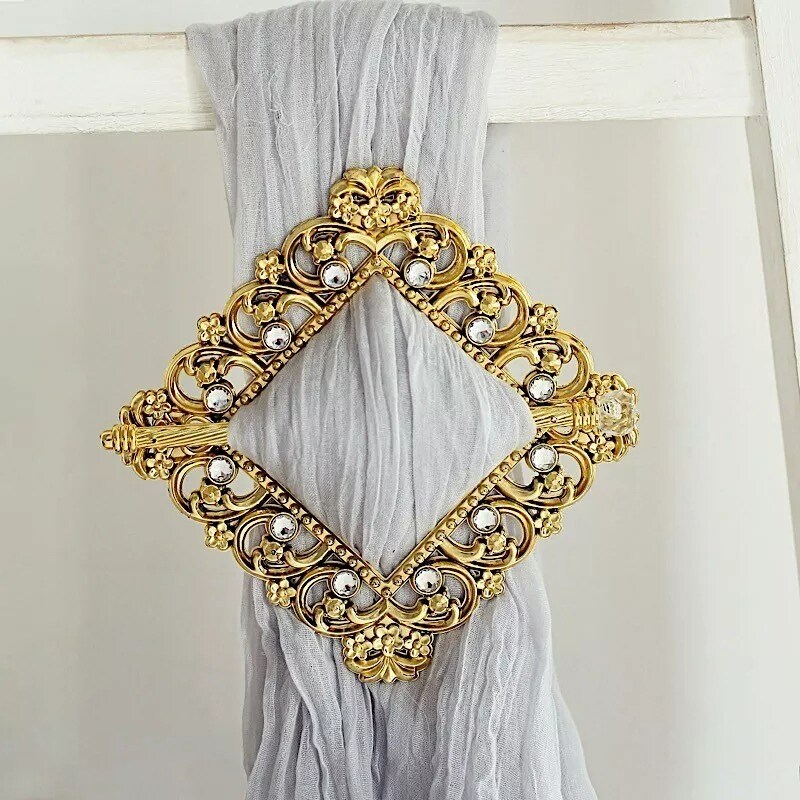 2 Gold 6" Square Plastic CURTAIN TIE Backs Baroque Design Acrylic Crystals Party