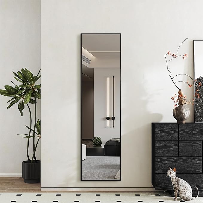 Full Length Mirrors 55"x15" Rectangle Mirror Black Mirror Full Body Mirror Black Vanity Wall Mirror Frosted Metal Frame Anti-Rust Tempered Glass Mirror for Bathroom Bedroom Entryway Living Room Décor