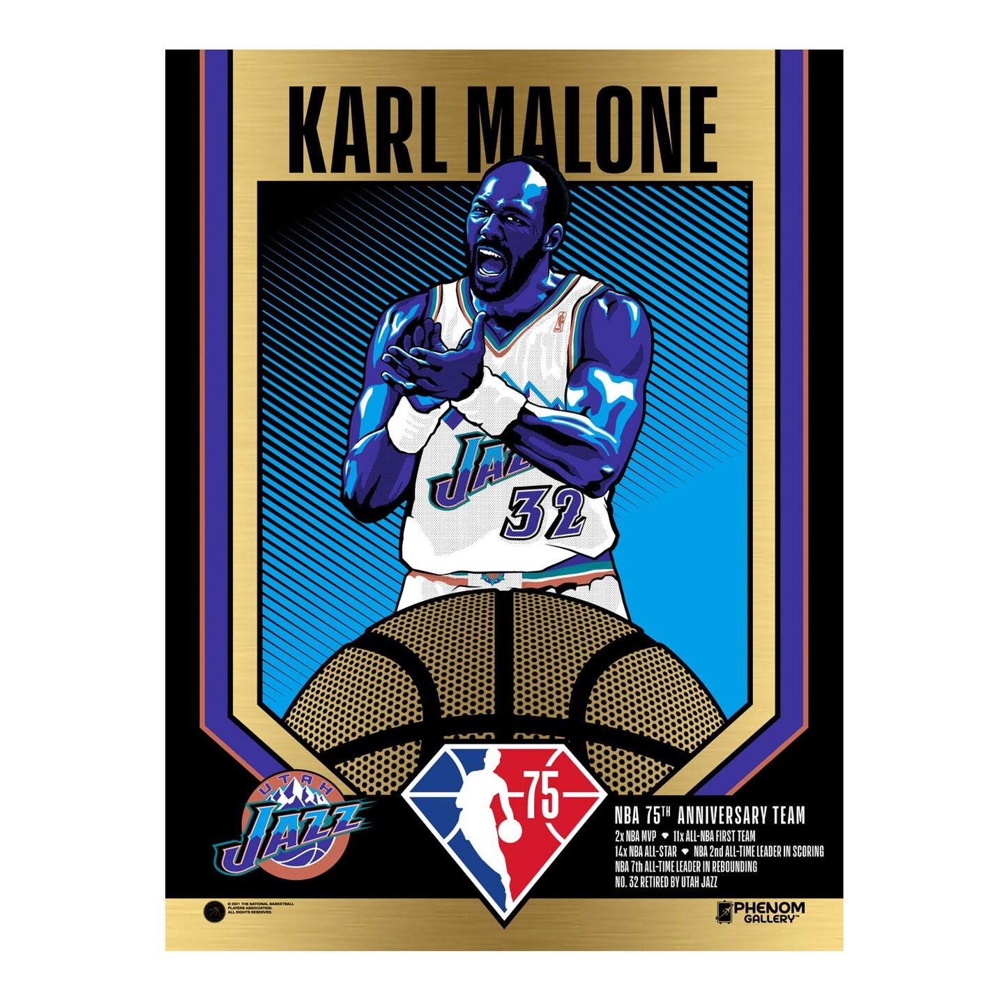 Phenom Gallery Utah Jazz 75th Anniversary Karl Malone 18&#x22; x 24&#x22; Gold Foil Serigraph