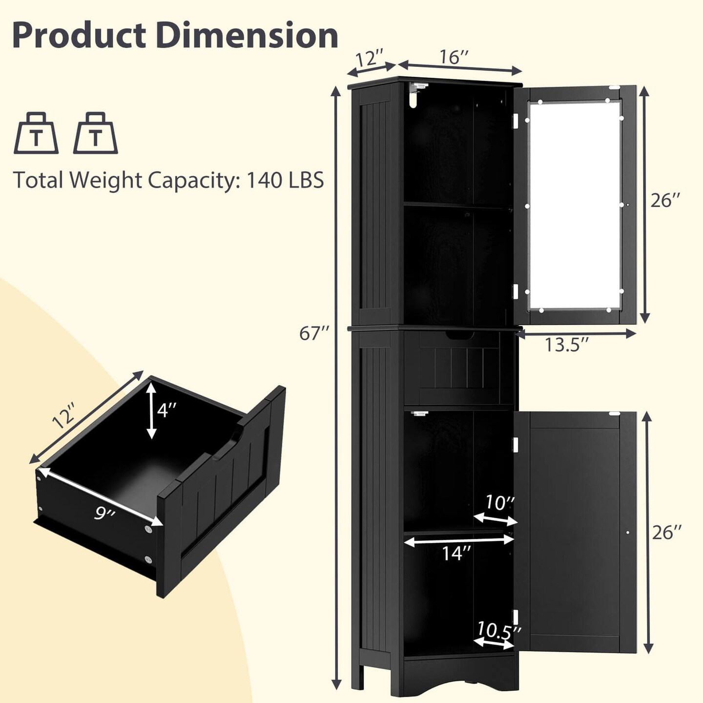 Costway Bathroom Tall Cabinet Freestanding Linen Tower with Doors & Drawer Black/Grey/White