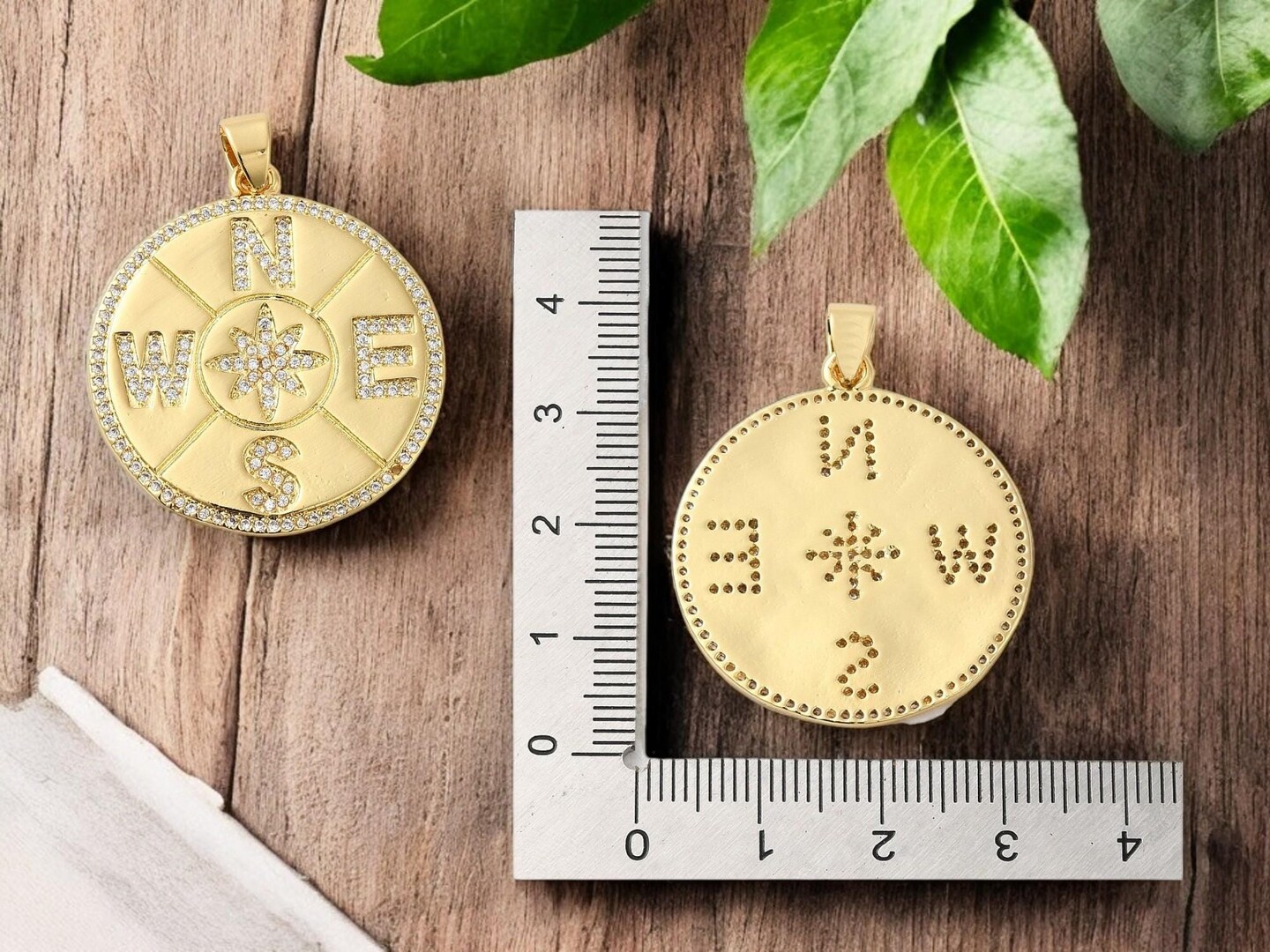 33x30mm 18k Gold Plated Brass Micro Pave Cubic Zirconia Compass Charm Pendant
