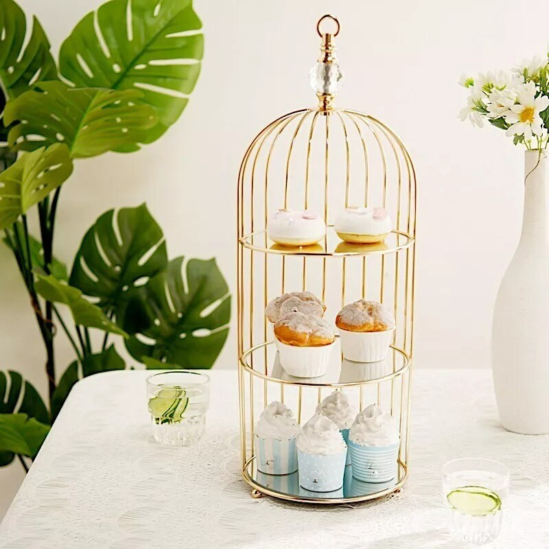 22-Inch Gold 3 Tier Metal Mirror Glass Hanging Bird Cage CUPCAKE STAND Party
