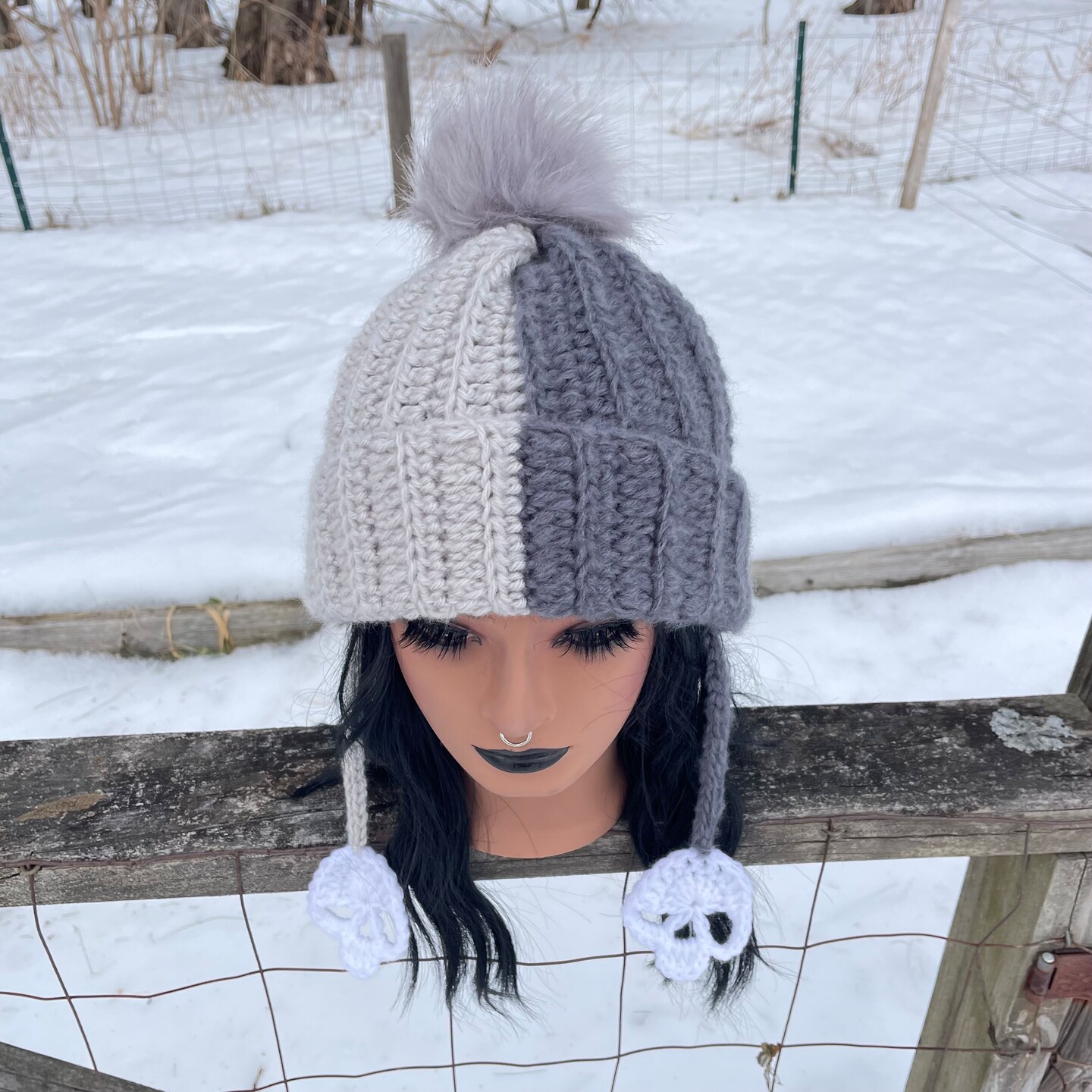 Crochet Skull Tassel Pom Pom Beanie - two tone gray alternative