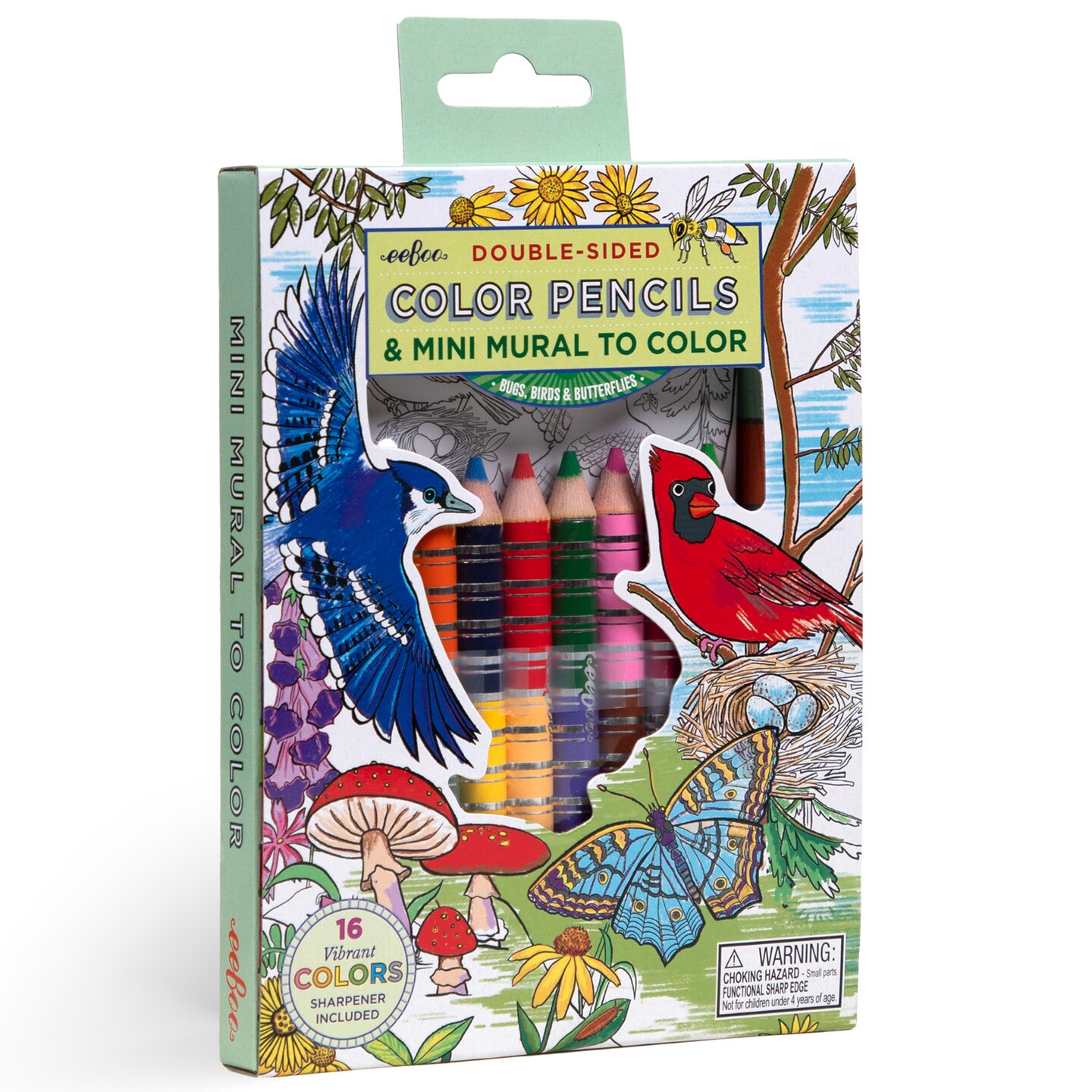 eeBoo: Biggies Color Pencils: Bugs, Birds &#x26; Butterflies - 8 Double-Sided Chunky Pencils &#x26; Mini Nature Mural, Shiny Foil Accents, Sharpener, Kid Age 3+