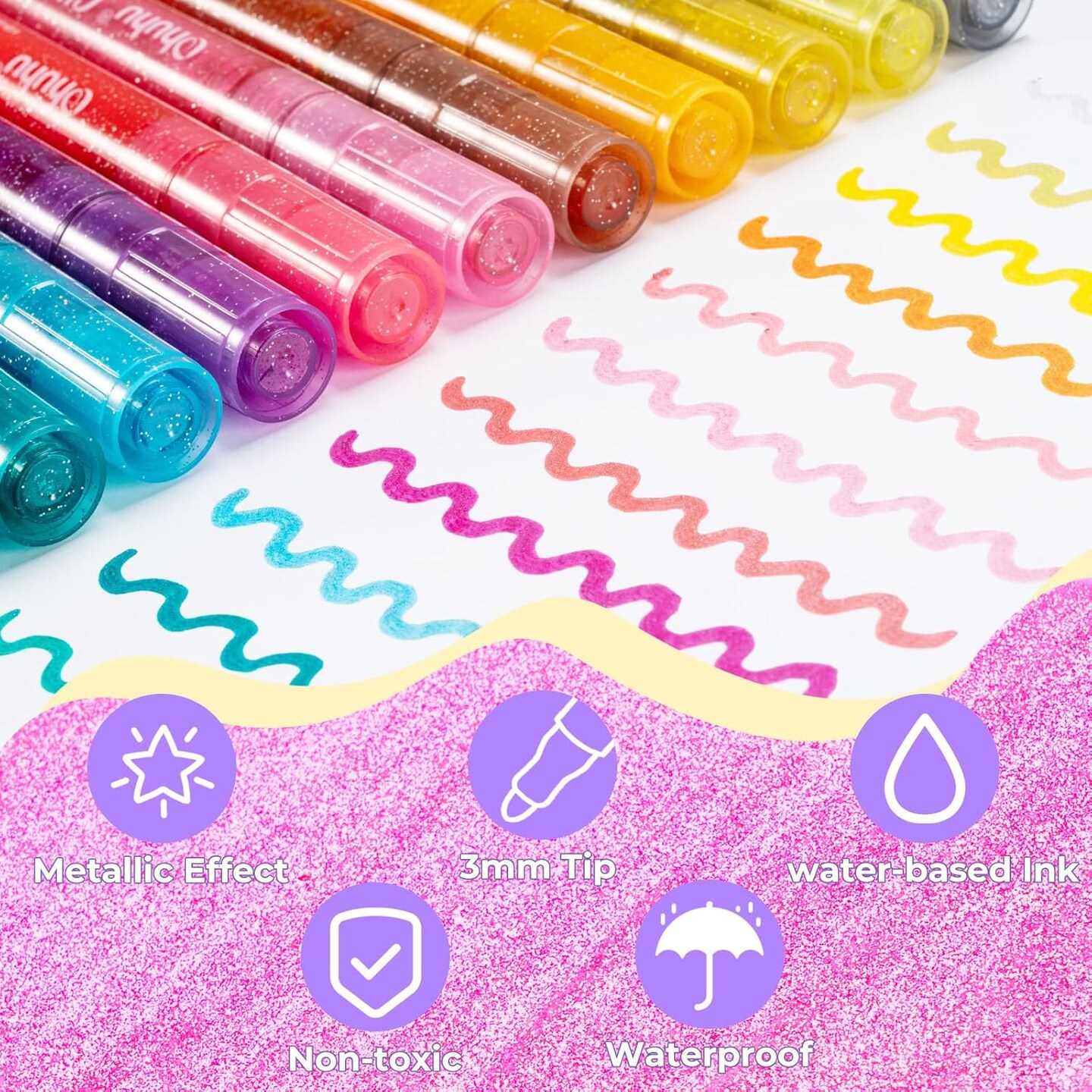 Ohuhu Glitter Markers Pen 18 Glitter Colors Metallic Shimmer Marker Fine Point Tip Water-based Ink for Kids Adults DIY Crafts Greeting Birthday Cards Making Poster Album Scrapbooking Mugs Wood