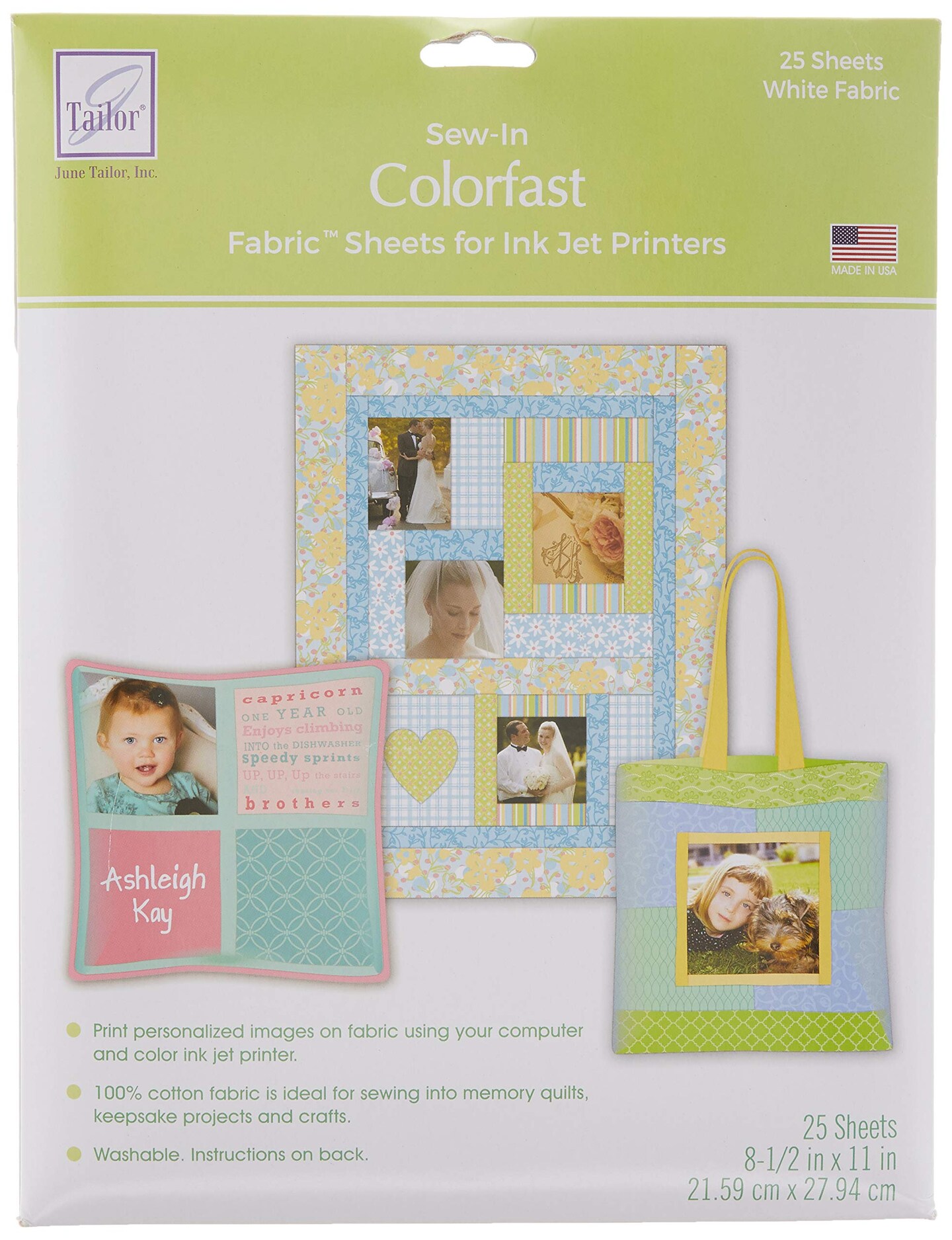 June Tailor Colorfast Sew-In Fabric Sheets, 25 Pack, 8.5" x 11", Inkjet Printable Cotton