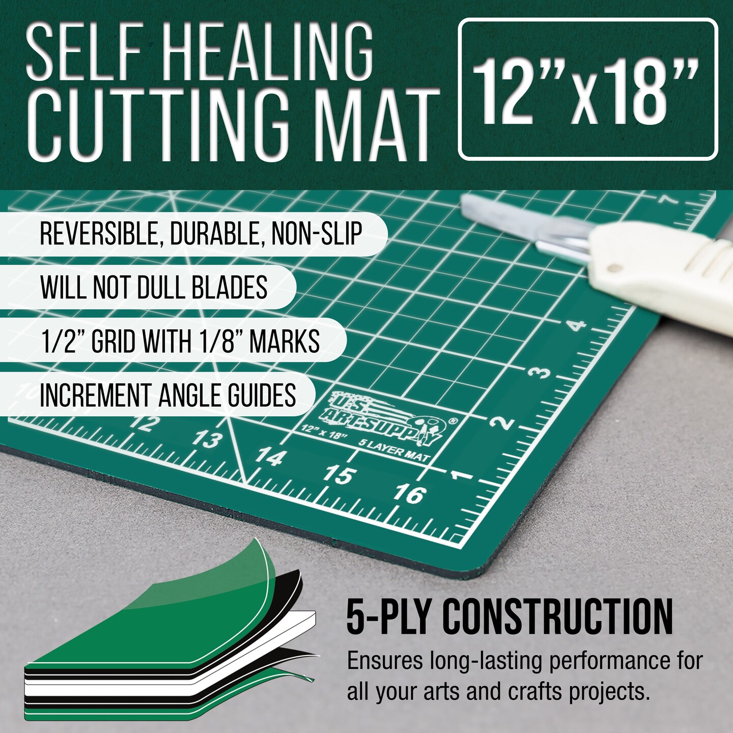 12&#x22; x 18&#x22; Green/Black Professional Self Healing 5-Ply Double Sided Durable Non-Slip Cutting Mat Great for Scrapbooking Quilting Sewing Arts Crafts