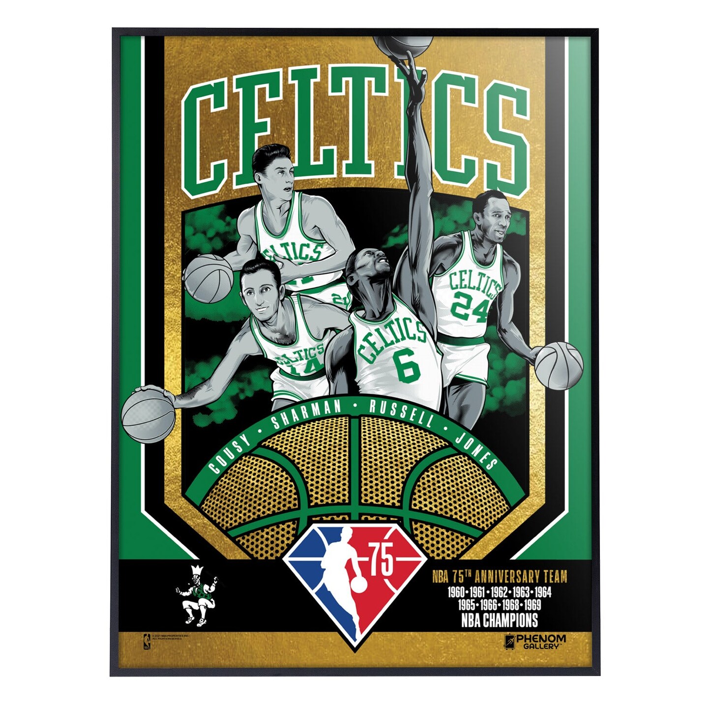Phenom Gallery Boston Celtics 75th Anniversary 60&#x27;s NBA Champions 18&#x22; x 24&#x22; Deluxe Framed Gold Foil Serigraph