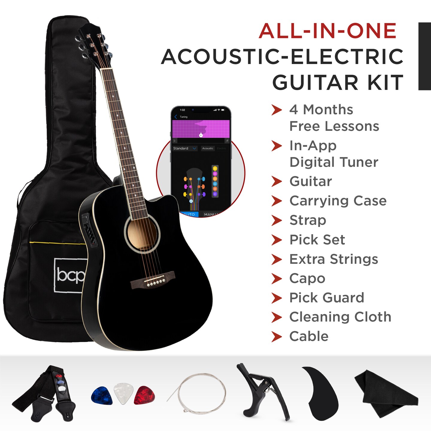 Best Choice Products Beginner Acoustic Electric Guitar Starter Set 41in w/ All Wood Cutaway Design, Case