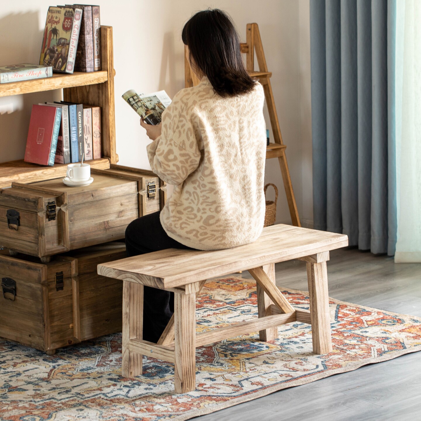 Vintiquewise Wooden Bench Farmhouse Entryway Organizer Retro Rustic Accent Seat Natural Wood Armless Design for Living Room Hallway Kitchen Dining Room Stylish &#x26; Practical D&#xE9;cor for Indoor Space