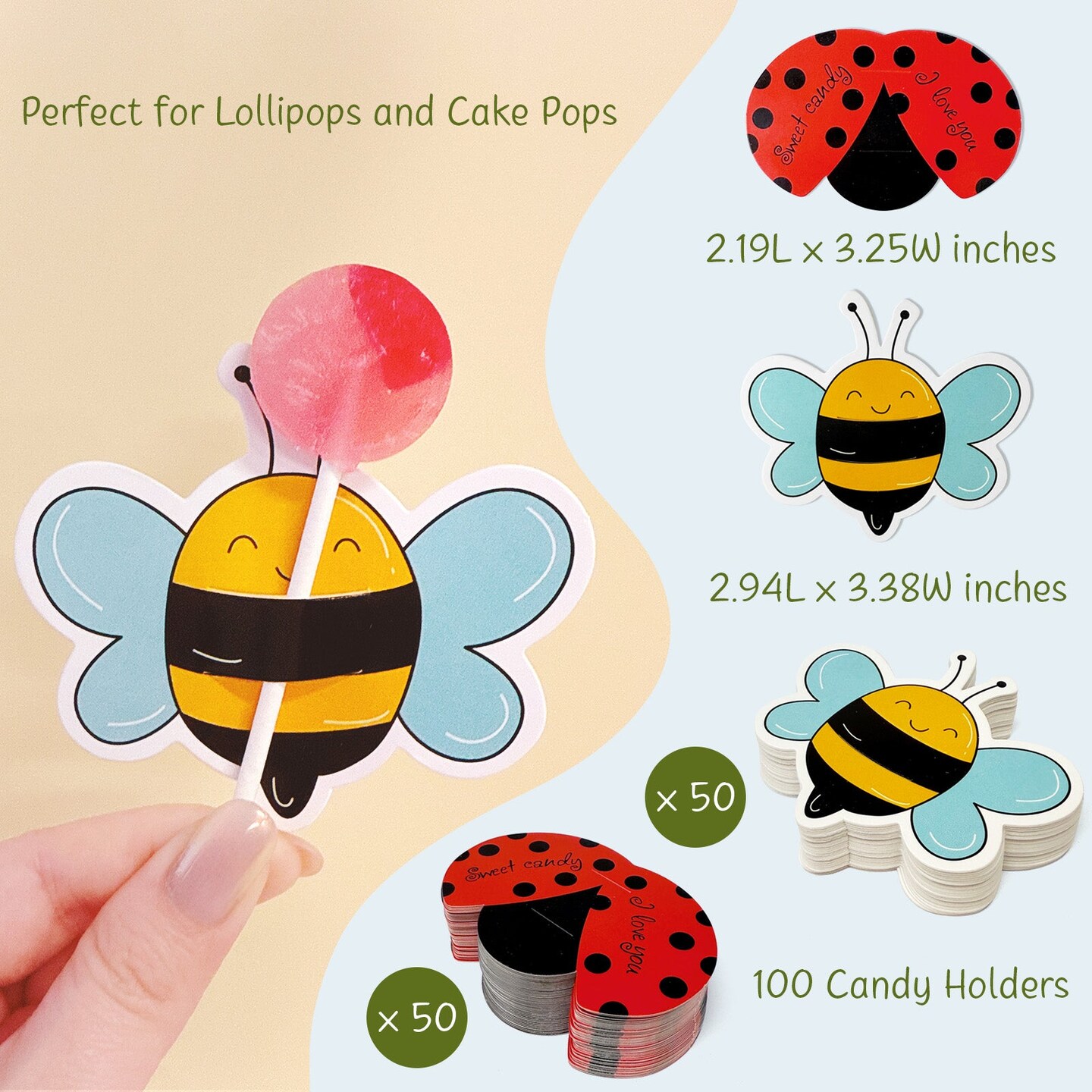 Wrapables Birthday Lollipop Paper Card Candy Holders, Party Supplies, Decorations, Party Favors (100pcs), Ladybugs and Bees