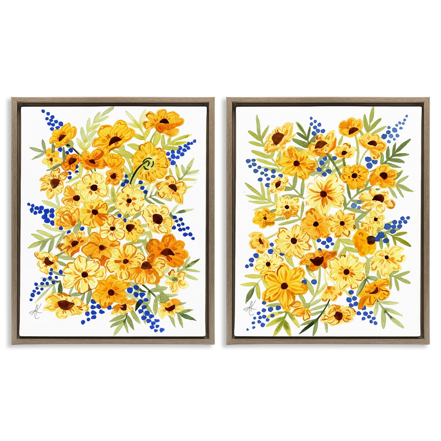 Stupell Industries Golden Cosmos with Blue Berries 2 pc Framed Floater Canvas Wall Art Set Design by Alexandria Gilbert Kincaid