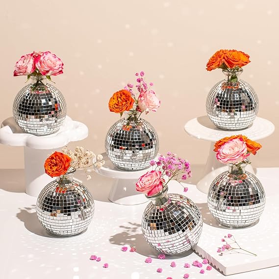 Disco Ball Vase for Centerpieces Disco Ball Planter for Flowers Silver Mirror Glass Disco Ball Decor for Table, Party, Wedding, Birthday, Home, or Bedroom(3.5&#x22; X 4&#x22;)