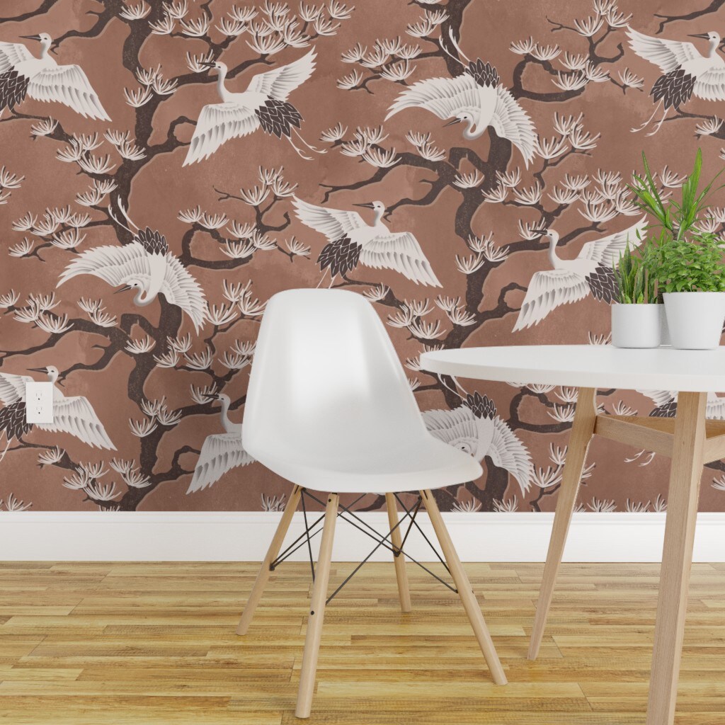 Peel &#x26; Stick Wallpaper 2FT Wide Nature Birds Cranes Chinoiserie Botanical Earth Tone Trees Floral Monochrome In Flight Custom Removable Wallpaper by Spoonflower