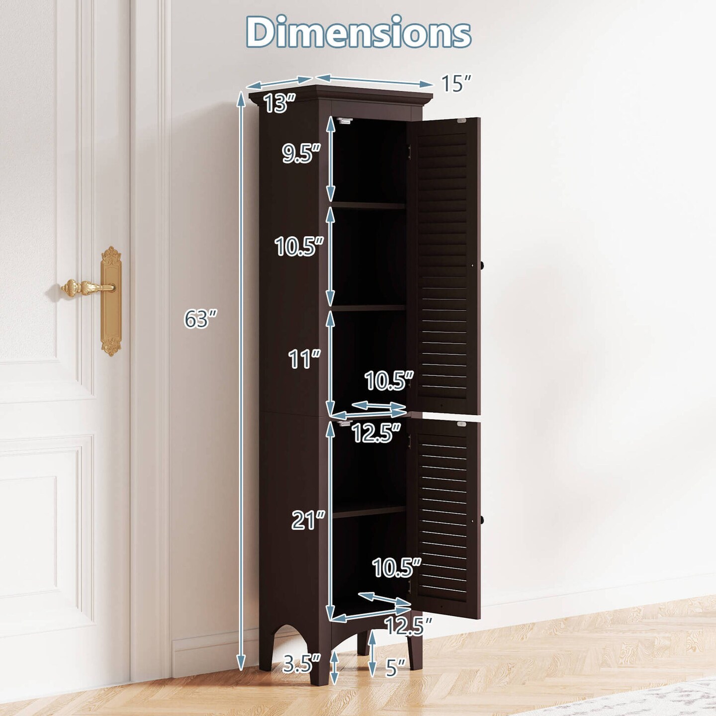 Costway Tall Bathroom Floor Cabinet Narrow Linen Tower with 2 Doors &#x26; Adjustable Shelf Black/Coffee/Grey