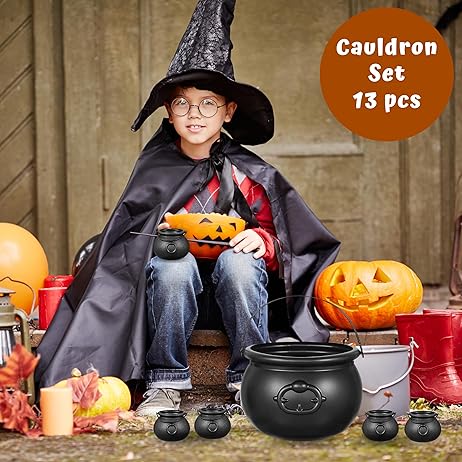 Black Cauldron Plastic 12 Mini &#x26; 1 Large 7&#x22;- for Halloween Cauldron Black Candy Bucket for Trick or Treat Container for Kids Table D&#xE9;cor Kids Party Favors Supplies By 4E&#x27;s Novelty