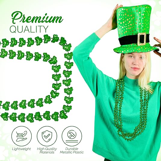4E&#x27;s Novelty St Patricks Day Beads Necklace Bulk (12 Pack) Shamrock Clover Green Beads - St. Patrick&#x27;s Day Gifts for Kids, Kids Party Favor Supplies Costume Accessories