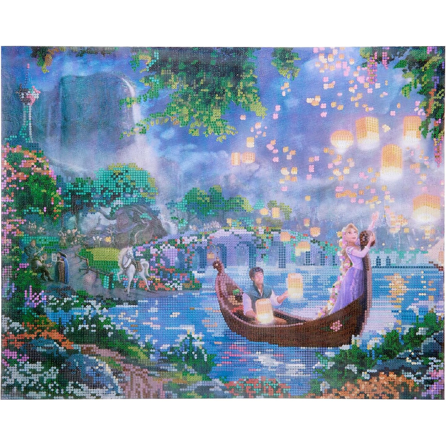 RoseArt: Disney Dreams: Diamond Art Jewel By Number - Tangled Rapunzel Lantern Scene - DIY 20 x 16&#x22; Gem Craft Kit, Thomas Kinkade, Display Hanger