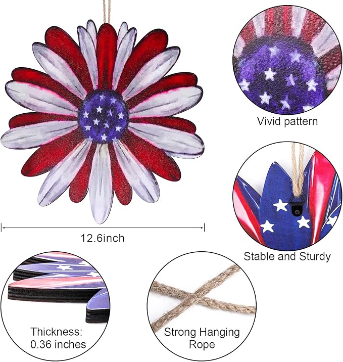 Double-Sided 4th of July Door Sign - 250th Anniversary Patriotic Wooden Wreath Decor - 12" Independence Day Hanging Plaque for Front Door, Window & Porch - Red White & Blue Memorial Day Sign