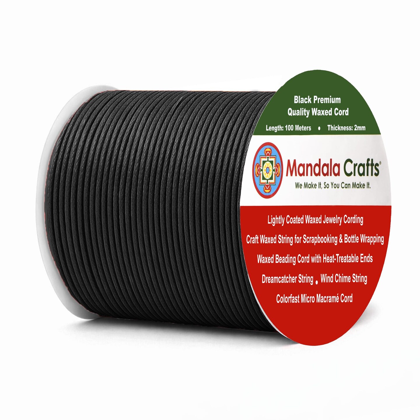 Mandala Crafts 2mm Black Cotton Waxed Cord for Jewelry Making, 109 Yards – Waxed Cotton String for Decorative Knotting and Accessory Assembly