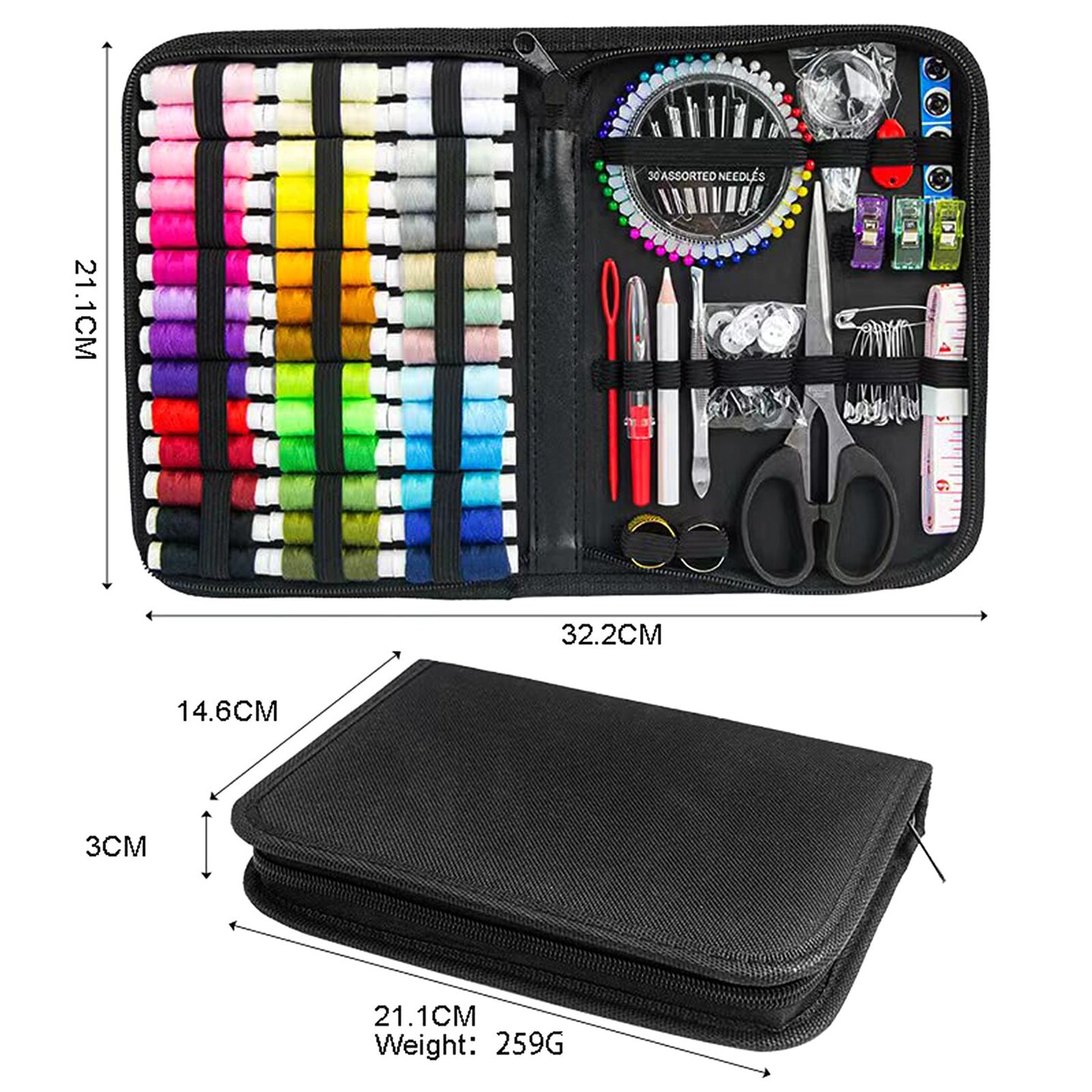 Sewing Kit with Black Case Portable Sewing Supplies for for Mom Grandma Women Men Teen Girls Boys Adults Beginner, Home Travel, Emergency, 42 Threads, Scissors, Needles, Measuring Tape and More