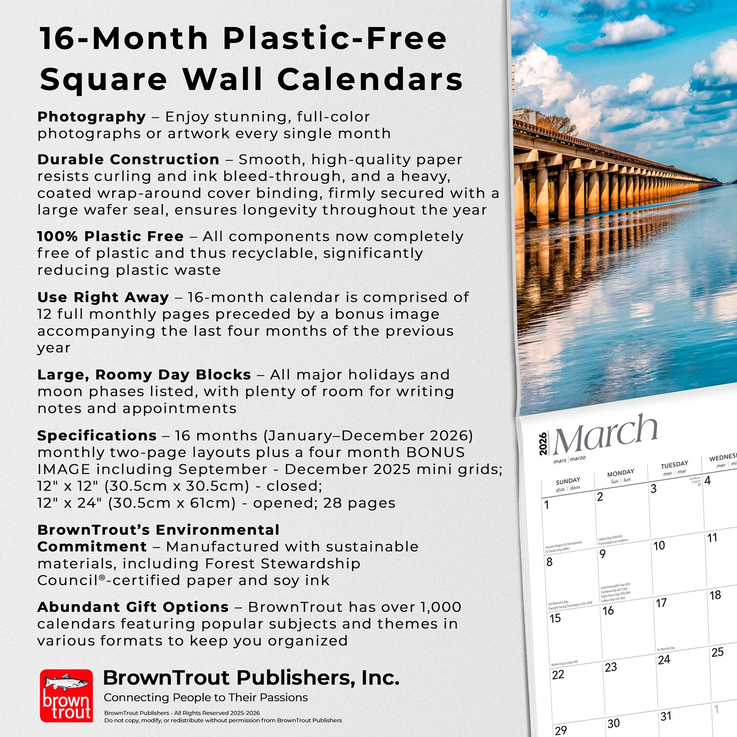 Bayou Country | Louisiana Places | 2026 12 x 24 Inch (Hanging) Monthly Square Wall Calendar | Plastic-Free