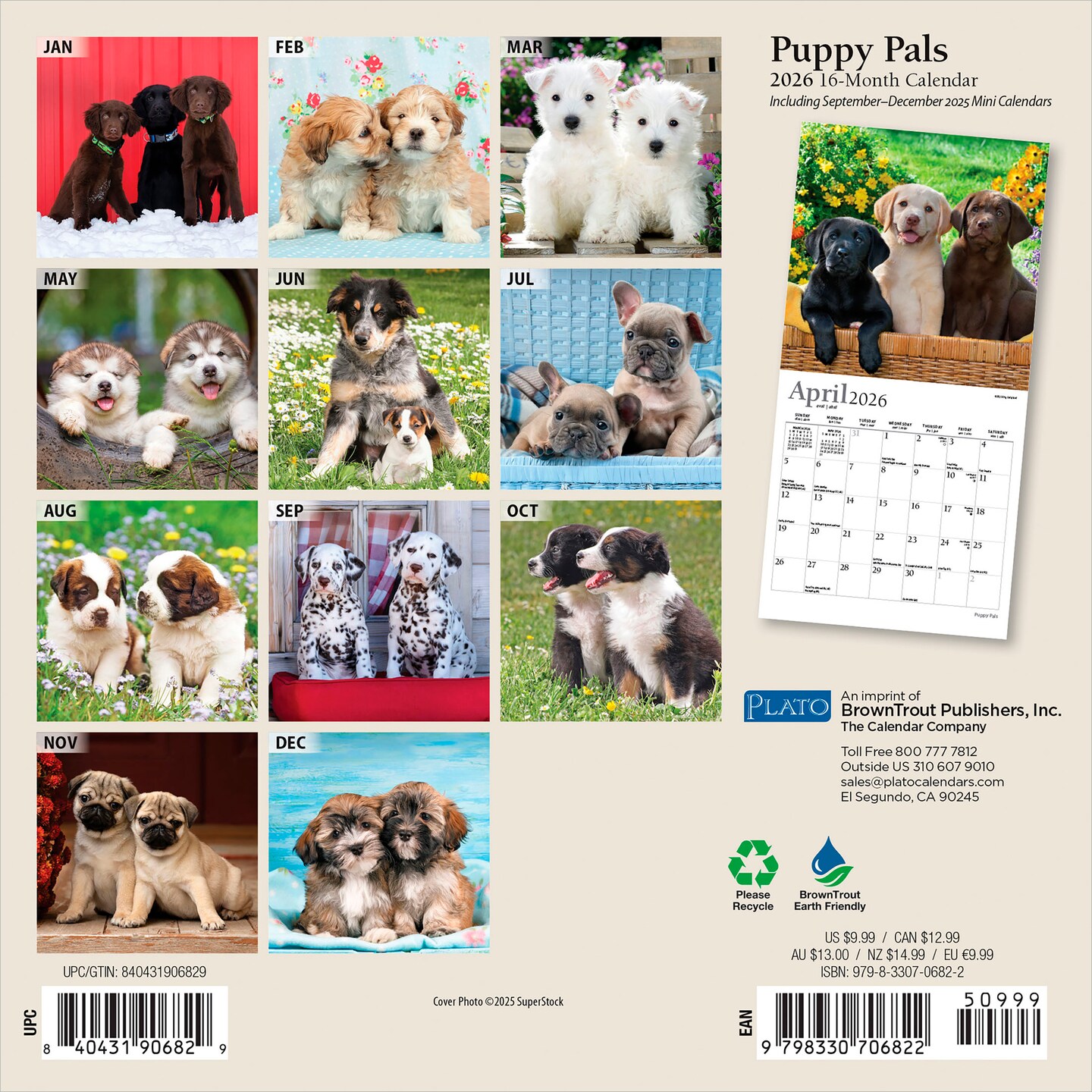 Puppy Pals | 2026 7 x 14 Inch (Hanging) Monthly Mini Wall Calendar | Foil Stamped Cover