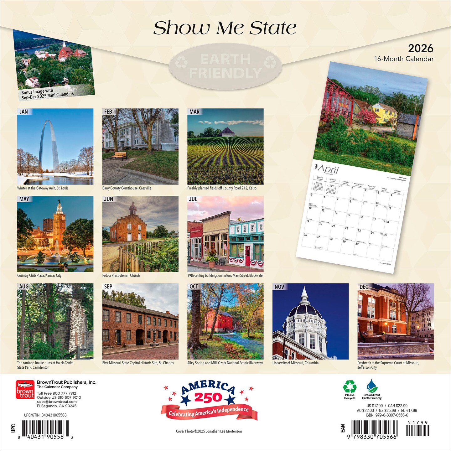 Show Me State | Missouri Places | 2026 12 x 24 Inch (Hanging) Monthly Square Wall Calendar | Plastic-Free