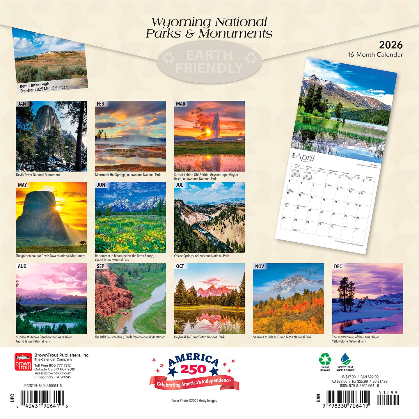 Wyoming National Parks &#x26; Monuments | 2026 12 x 24 Inch (Hanging) Monthly Square Wall Calendar | Plastic-Free