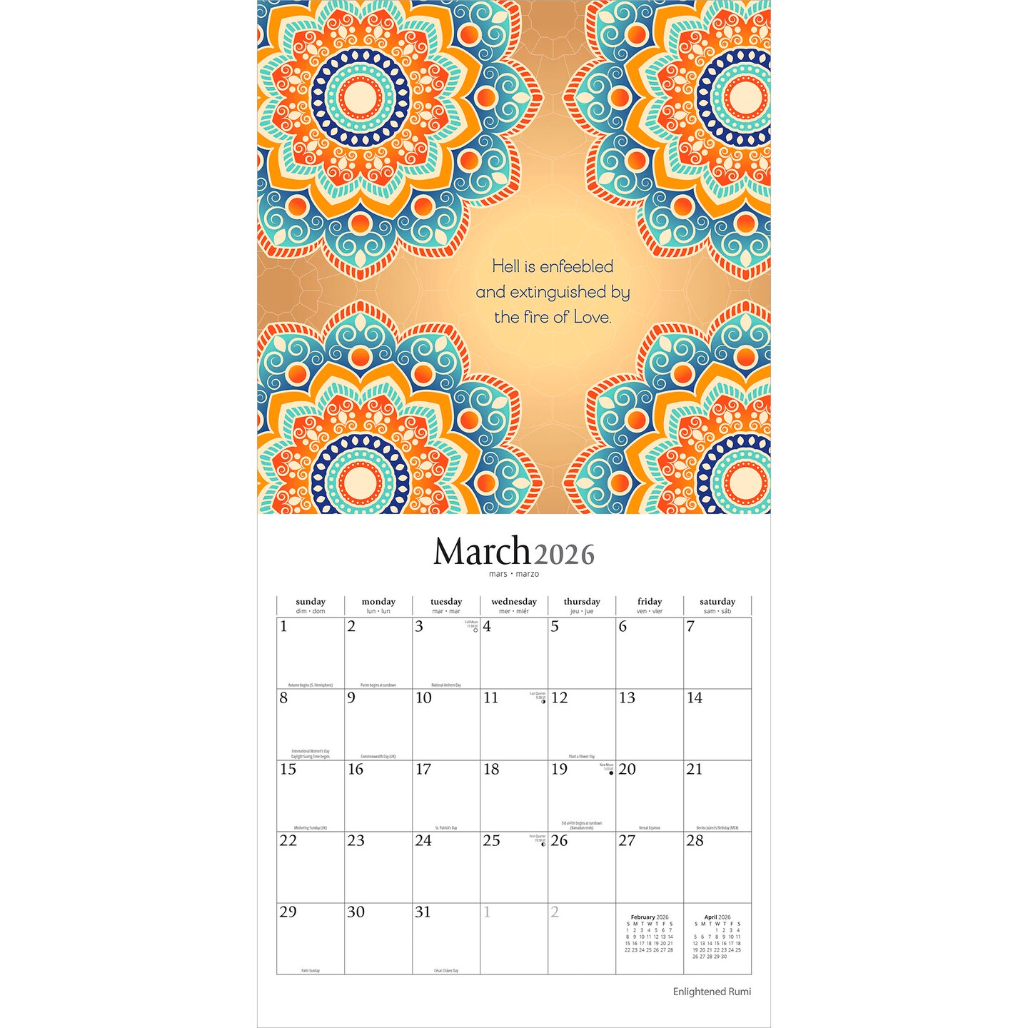 Enlightened Rumi | 2026 12 x 24 Inch (Hanging) Monthly Square Wall Calendar | Plastic-Free