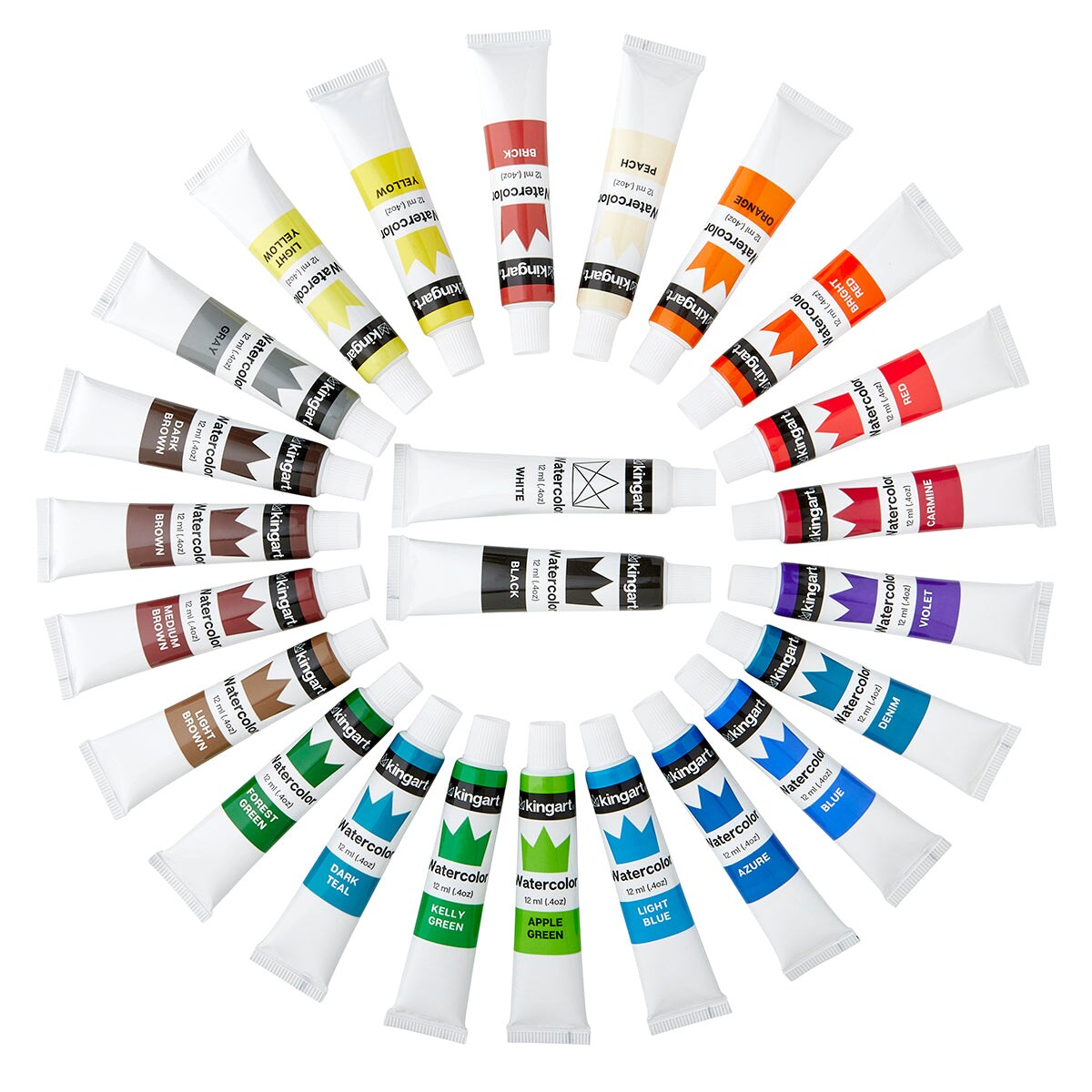 KINGART® Studio Watercolor Paint, 12ml (.4oz), Set of 24 Unique Colors