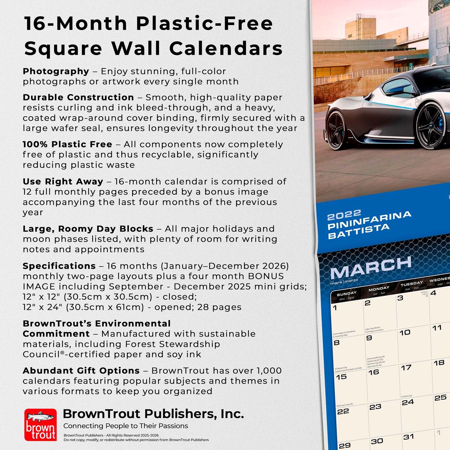 Supercars | 2026 12 x 24 Inch (Hanging) Monthly Square Wall Calendar | Plastic-Free