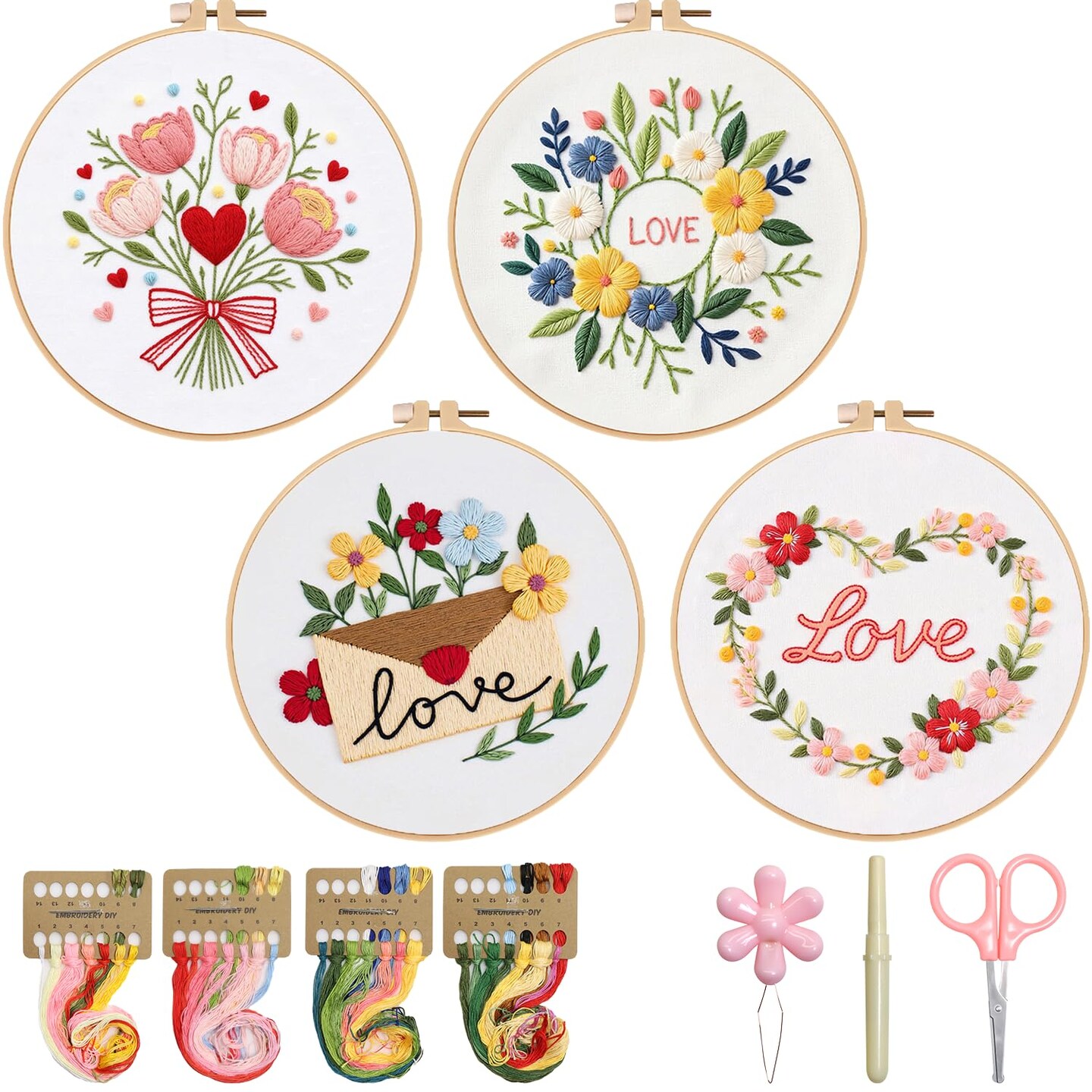 Valentines Embroidery Kit, DIY Embroidery Starter Kit for Adults & Beginners, DIY Needlepoint Kit with Embroidery Hoop Thread Needle for Craft Lover Birthday Gifts (Valentines-4 Set)