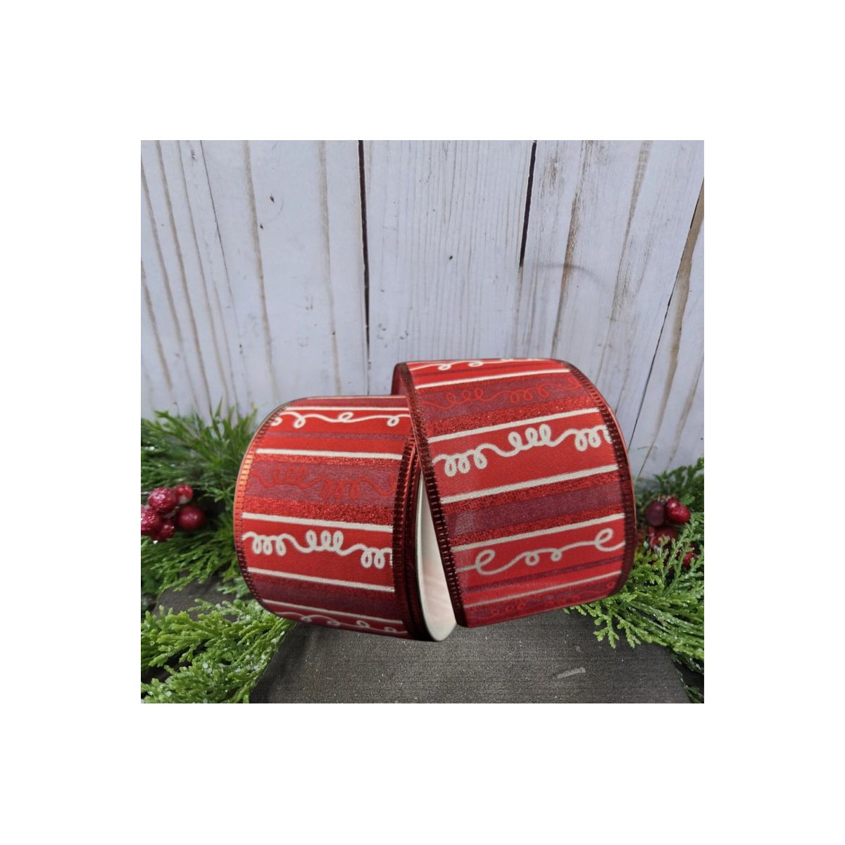 2.5&#x22; Glitter Loopy Stripes Ribbon: Dark Red &#x26; White