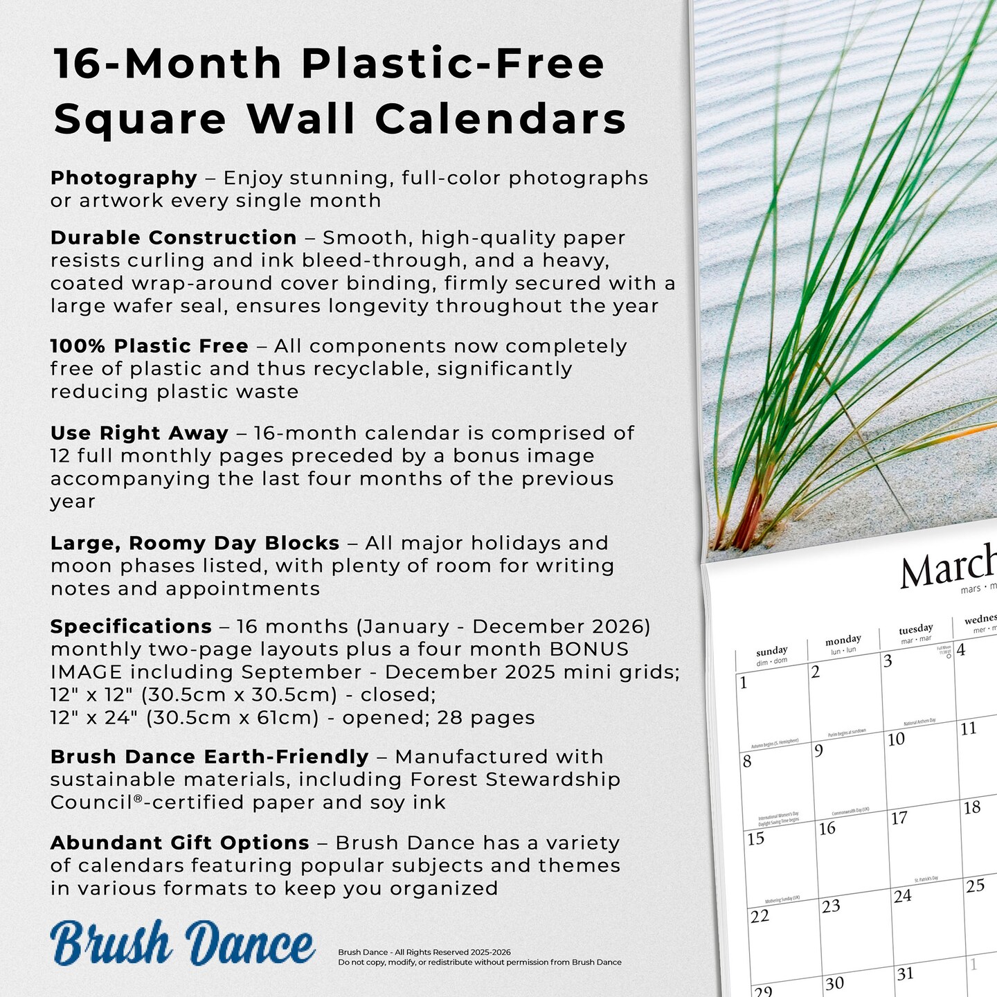 Simplicity | 2026 12 x 24 Inch (Hanging) Monthly Square Wall Calendar | Plastic-Free