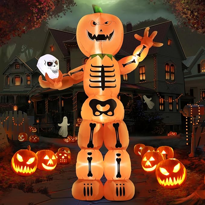 Giant Skeleton Stacked Pumpkin Man Holding Skull