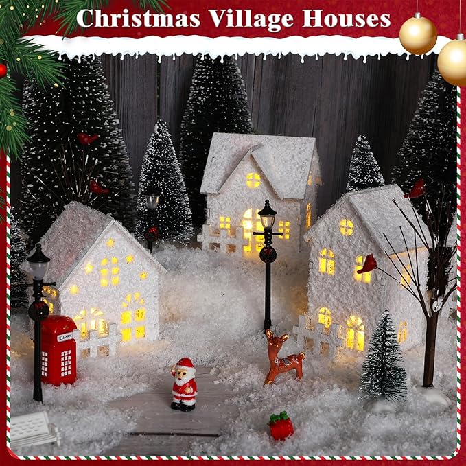 Winter Village Houses Accessories Street Lights Trees Miniature Christmas Figurines Scene Desktop Ornament for Indoor Room Landscape Xmas Holiday Party Decor