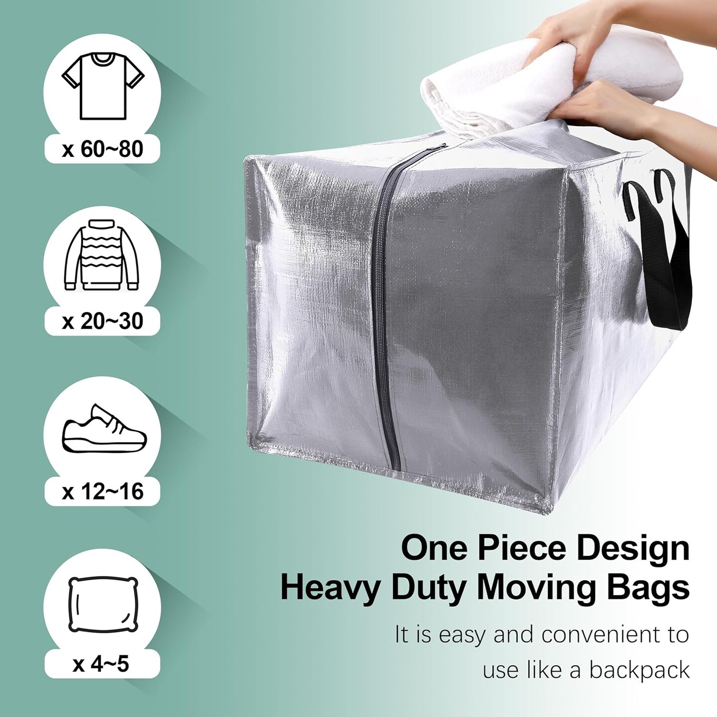 Heavy Duty Moving Bags, Extra Large Storage Totes W/Backpack Straps Strong Handles &#x26; Zippers, Alternative to Moving Boxes, Moving Supplies for Dorm Room Essentials (Silver, 8 Pack)