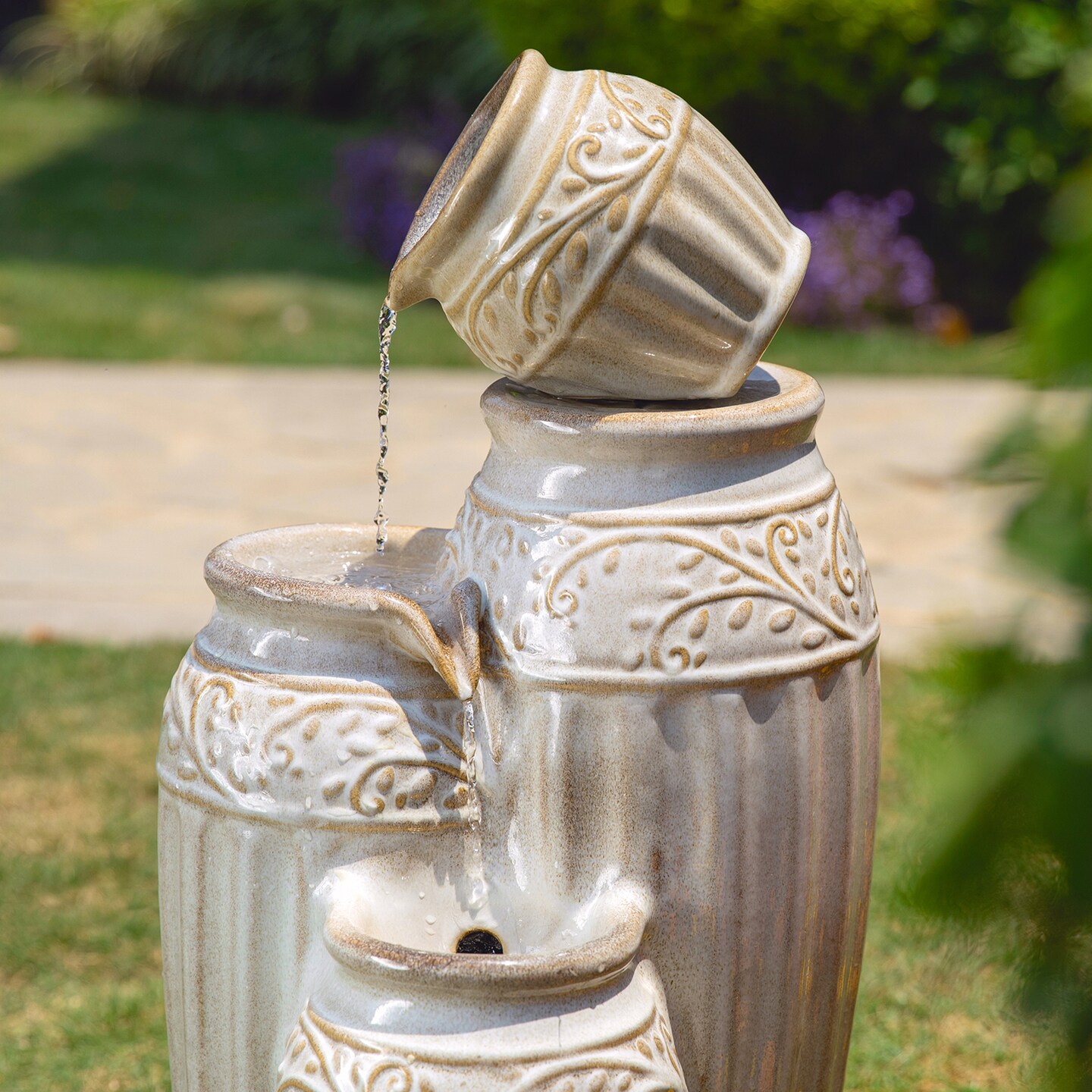 27.25&#x22;H Embossed Pattern Ceramic Pots 4-Tier Outdoor Fountain with LED Light, Includes Pump, Multiple Colors