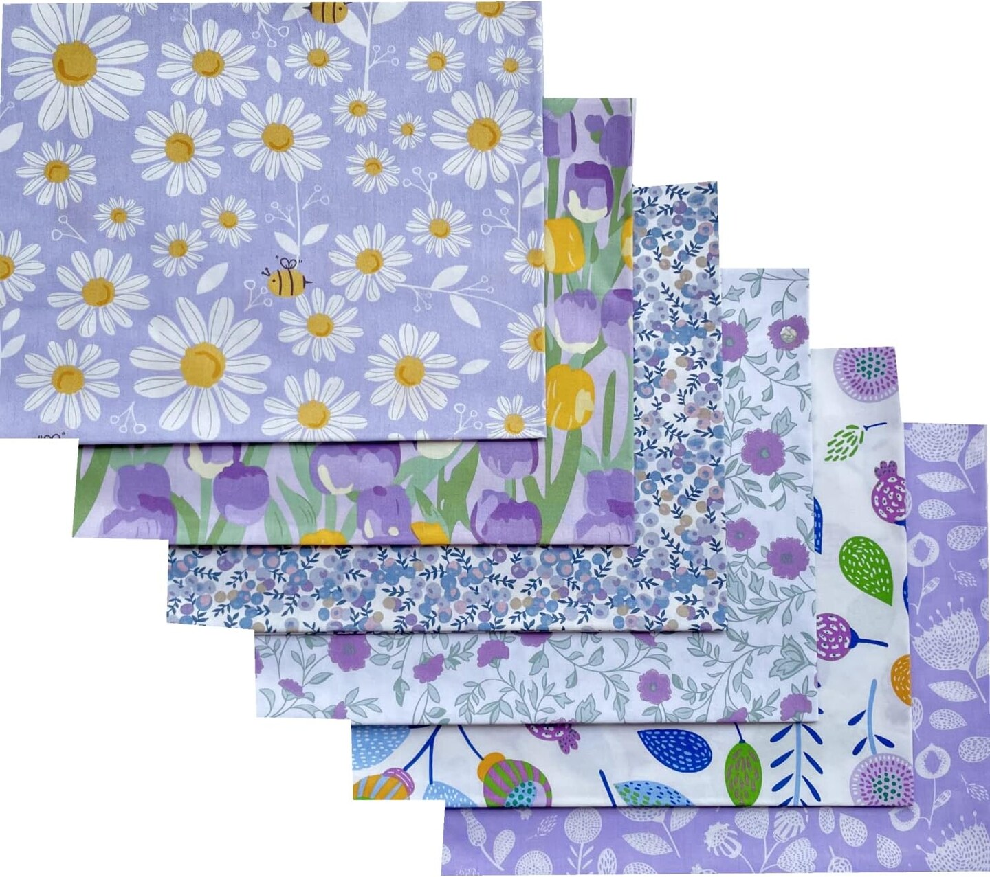 6PCS Light Purple Floral Fat Quarters Fabric Bundle – Lavender Bees & Daisy Cotton Quilting Fabric for Sewing, Patchwork & DIY Craft Projects (18" × 22")